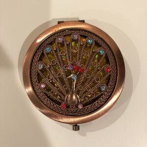 Maximalist Bejeweled Peacock Bronze Tone Compact Mirror